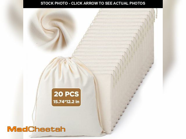 Lot 74-14144590 - AojSup 20 Pack Premium Cotton Drawstring Bags, Muslin Bags with Drawstring for Storage, 15.74 x 12.2...
