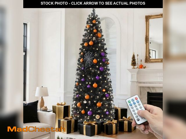 Lot 74-13331871 - YITAHOME Prelit Black Slim Christmas Tree 6 FT with Remote Control, Prelit Pencil Fraser Fir Hallowe...