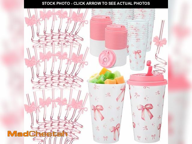 Lot 74-13632308 - Yungyan 24 Sets Pink Bow Party Favors Goodie Cups with Lids and Straws for Birthday Coquette Party D...