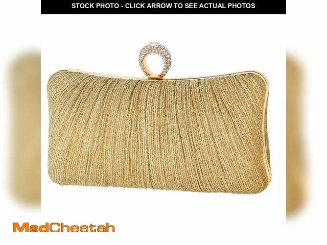 Lot 74-14215275 - Womens Golden Glitter Clutch Purse Pleated Evening Bag for Bridal Wedding Party with Rhinestone Ring...
