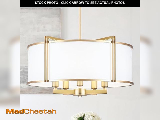 Lot 74-12043744 - CWarmozy 19.6'' Gold Drum Chandelier 5-Light Modern White Fabric Chandeliers for Dining Room Adjusta...
