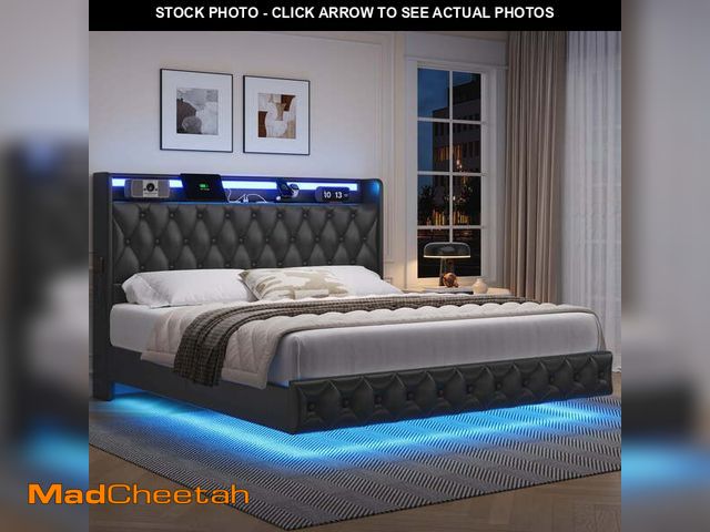 Lot 74-13658783 - Hiphuta Queen Size Size Floating Upholstered Beds with LED Lights, Velvet Leather Sturdy Platform Be...