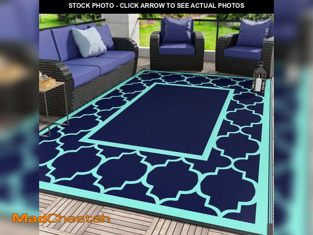 Lot 74-12667801 - DEORAB Outdoor Rugs Waterproof Plastic Straw Mat 9'x12' Reversible for RV Patio Deck Beach Navy Blue...