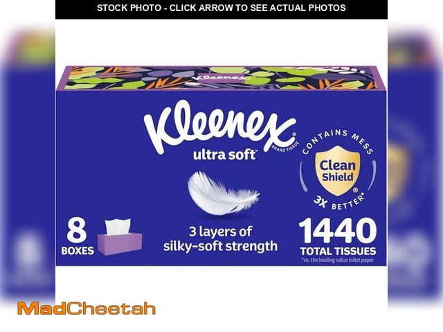 Lot 74-13801575 - Kleenex Ultra Soft Facial Tissues, 8 Flat Boxes, 180 Tissues per Box, 3-Ply, Packaging May Vary - UN...