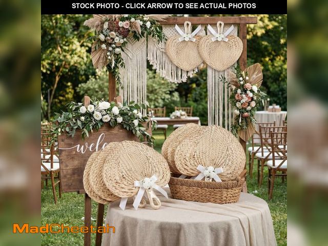 Lot 74-13712988 - BrightRow 12 Pcs Wedding Woven Bamboo Fans Natural Raffia Handmade Wedding Fans Farmhouse Boho Palm ...