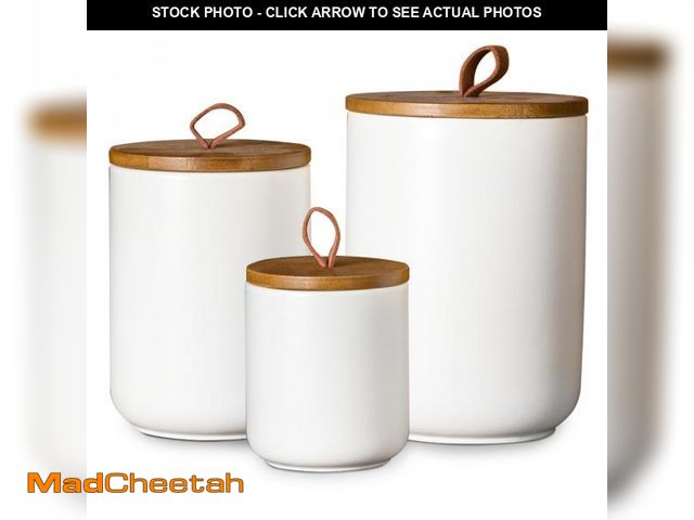 Lot 74-12308470 - JOJUNO White Ceramic Canister Set with Wooden Lid, 3-Piece Airtight Food Storage Jars for Kitchen Co...