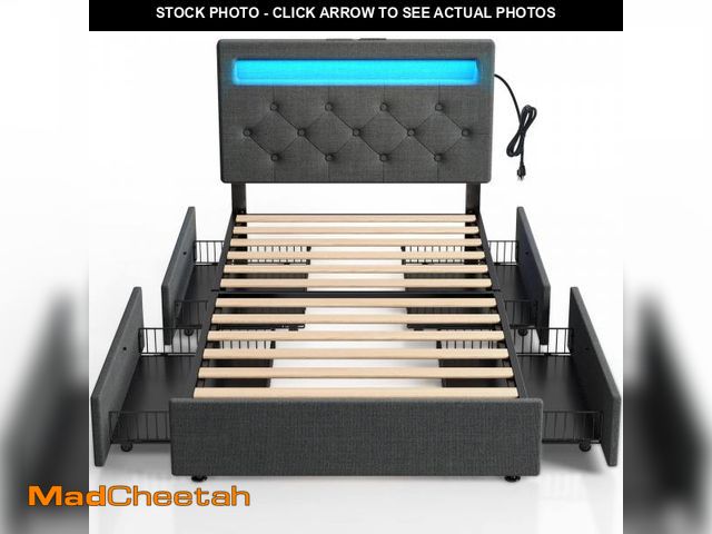 Lot 74-12340987 - Rolanstar Twin Bed Frame with 4 Storage Drawers and Charging Station,Twin Bed with Led Lights, 2 USB...
