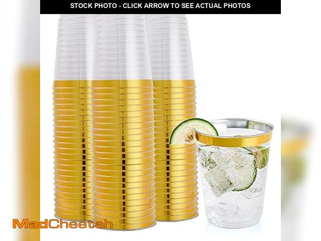 Lot 74-12326370 - FOCUSLINE 10 oz Gold Plastic Cups, Disposable Clear Fancy Hard Plastic Cups, Gold Rimmed, Heavy Duty...