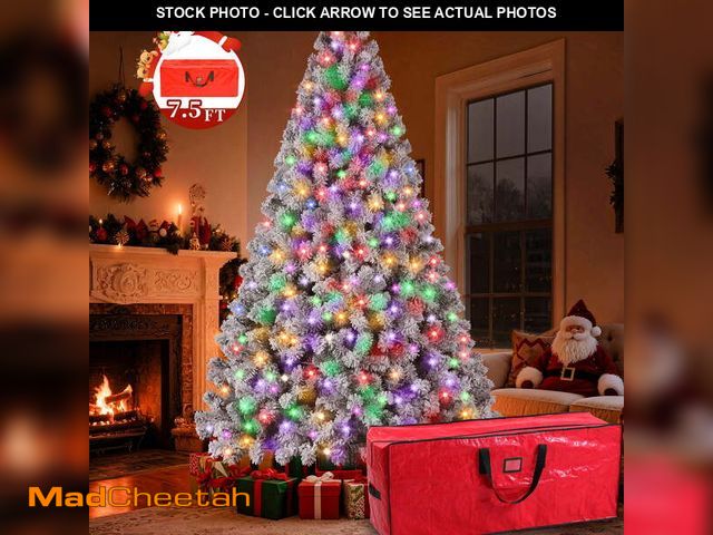 Lot 74-13060243 - Yexmas 7.5FT Pre-Lit Snow Flocked Christmas Tree,Artificial White Christmas Tree with Large Christma...