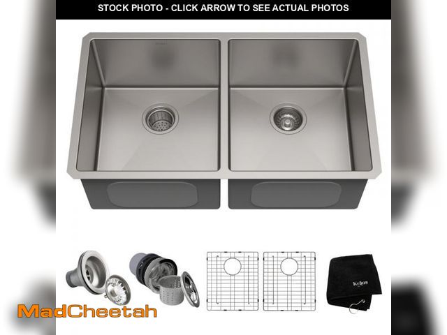 Lot 74-12201704 - KRAUS Standart Pro 33 -inch Undermount 50/50 Double Bowl 16 Gauge Stainless Steel Kitchen Sink, KHU1...