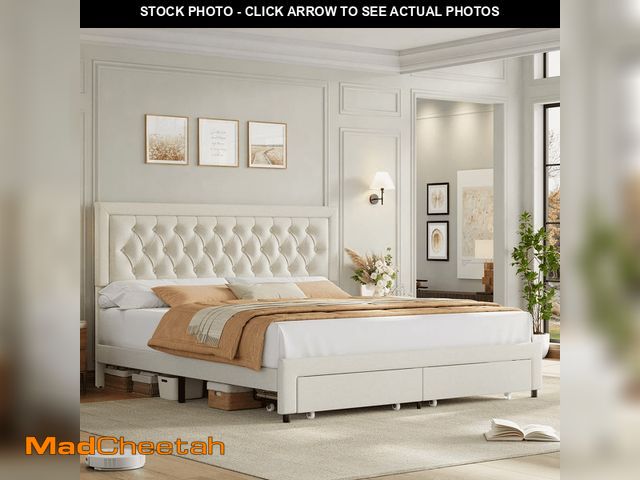 Lot 74-12636593 - Homfa Queen Size Bed Frame with Storage, Linen Upholstered Platform Bed with 2 Storage Drawers &amp;...