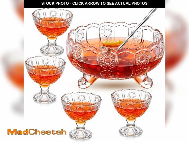 Lot 74-14269452 - LemonRoad Crystal Glass Punch Bowl Set 1 Large Glass Punch Bowl with Ladle and 4 Cups for Party Wedd...