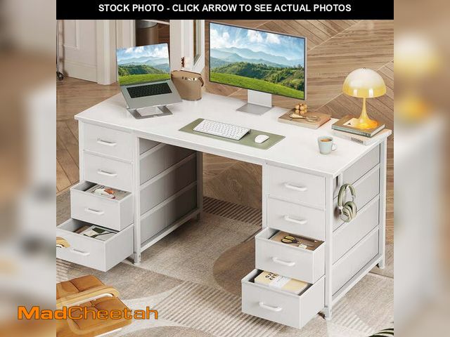 Lot 74-12764573 - White Computer Desk with Drawers for Storage - 48 inch Home Office Desk with 8 Fabric Drawers, Writi...