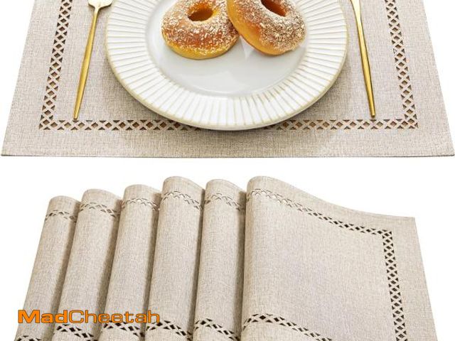 Lot 74-12323409 - Aoztio Burlap Placemats Set of 6, 12 x 18 Inch Rustic Geometric Hollow Place Mats, Heat Resistant Pl...