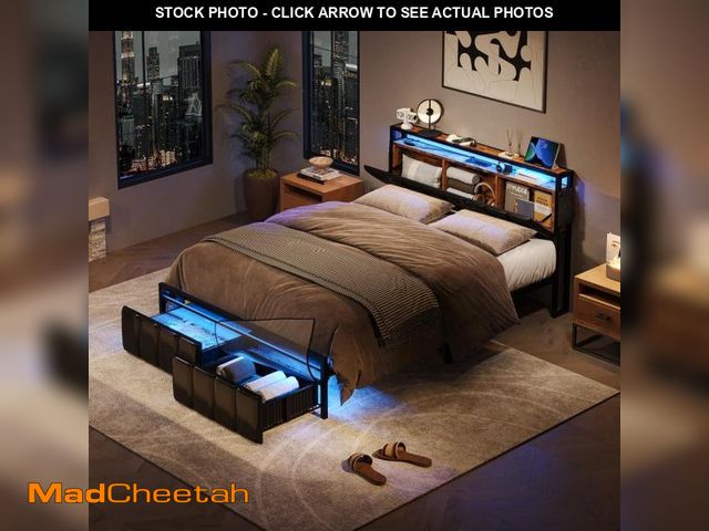 Lot 74-12462834 - Bestier Metal Frame Full Size Platform Bed with Charge Station and Storage Headboard and Drawers Rus...