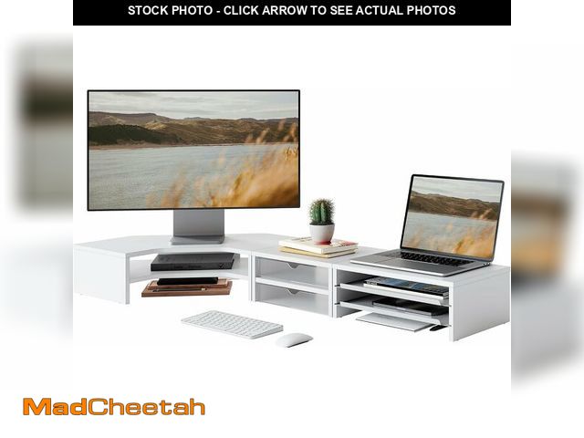 Lot 74-14598945 - Fenge Dual Monitor Stand with Storage, Corner Desk Shelf for Top of Desk - UNUSED