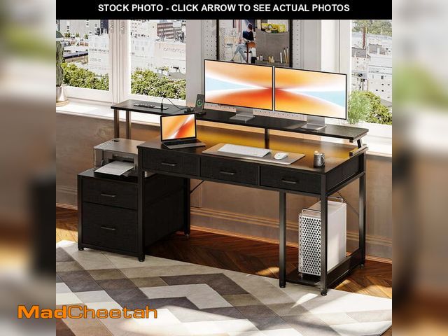 Lot 74-12667465 - 55 inch Computer Gaming Desk with LED Lights &amp; Power Outlets, Home Office Desk with Storage Shel...