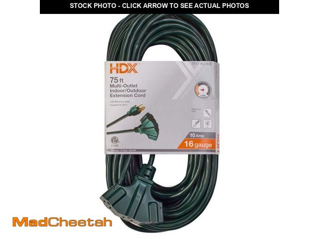 Lot 74-14613155 - HDX 75 ft. 16/3 Light Duty Indoor/Outdoor Extension Cord with Multiple Outlet Triple Tap End, Green ...