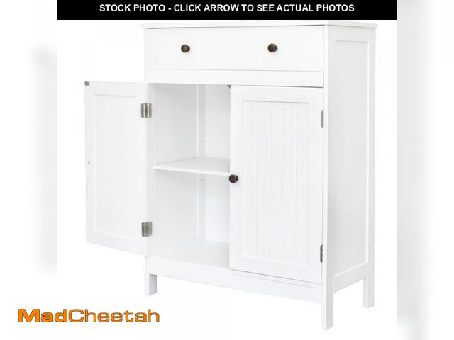 Lot 74-12513362 - Zimtown White Wooden 2-Door Bathroom Cabinet Storage Organizer with 2 Shelves&amp; 1 Drawer Freestan...