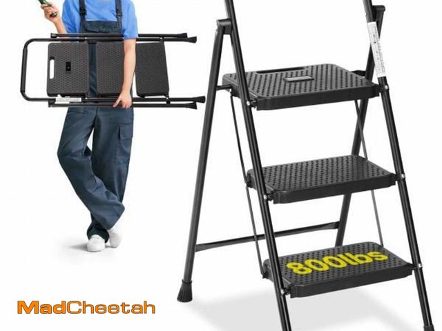 Lot 74-11766974 - Simple Deluxe Step Stool Foldable, 3 Step Ladder Portable Ladder with Wide Anti-Slip Pedal, Step Sto...