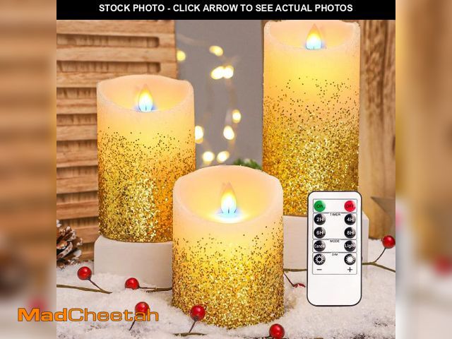 Lot 74-12434788 - Crystal Club Christmas Flickering Flameless Candles with Remote, Set of 3 Battery Operated Gold Cand...