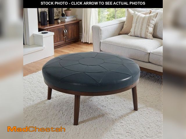 Lot 74-14344390 - Uixe Navy Blue Leather Round Ottoman (Set Of 1) - UNUSED