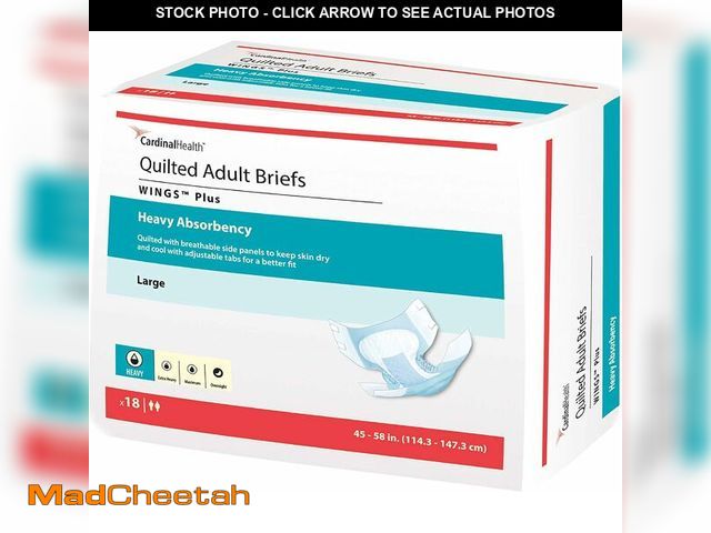 Lot 74-13059013 - Cardinal Health 66034 Quilted Adult Briefs, Wings Plus, Heavy Absorbency, Large, Case of 4 Bags of 1...