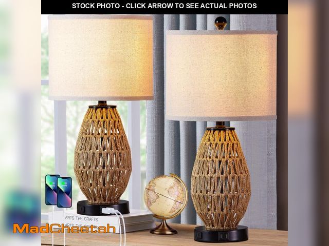 Lot 74-12422664 - Cinkeda Rattan Touch Table Lamps with USB Ports AC Outlet Modern 3 Way Dimmable Bedside Nightstand L...