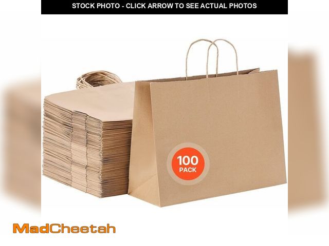 Lot 74-12664770 - VEVOR Kraft Paper Bags with Handles, 100Pcs 16 x 6 x 12 in, Large Paper Grocery Bags, Reusable &amp;...