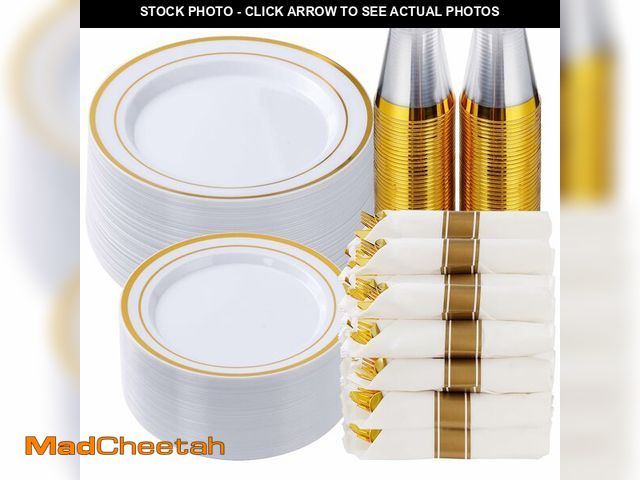 Lot 74-12877028 - Goodluck 350 Piece Gold Plastic Dinnerware Set for 50 Guests, Fancy Disposable Plates for Party, Inc...