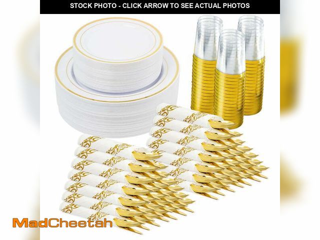 Lot 74-12832724 - Hawsaiy 350PCS Gold Disposable Plates and Cups Set for 50 Guests, Plastic Dinnerware with Napkins fo...