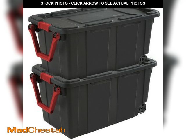 Lot 74-14071171 - Sterilite 40 Gal Wheeled Industrial Tote Stackable Bin with Latch Lid, 2 Pack - UNUSED
