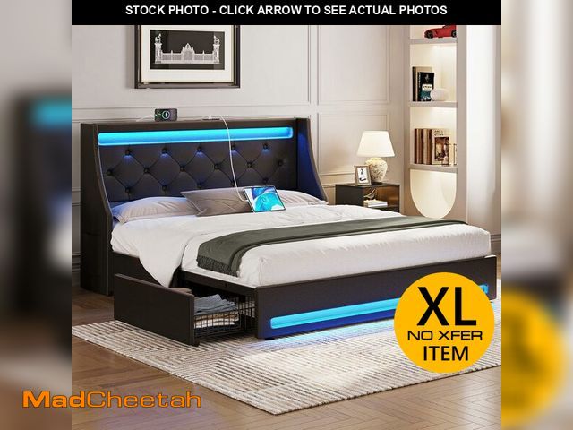 Lot 74-13076104 - Rolanstar Full Bed Frame with LED Lights and Charging Station, PU Leather Bed with Drawers, Wooden S...