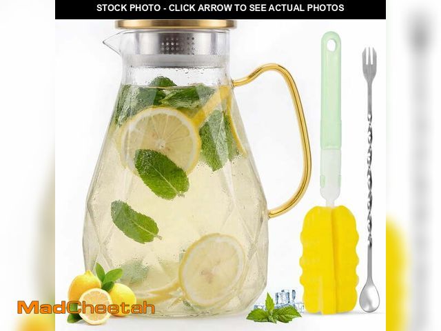 Lot 74-14587511 - 74 oz Glass Pitcher with Golden Lid &amp; Spout, 2.2L Diamond-Cut Glass Water Carafe with Handle &am...