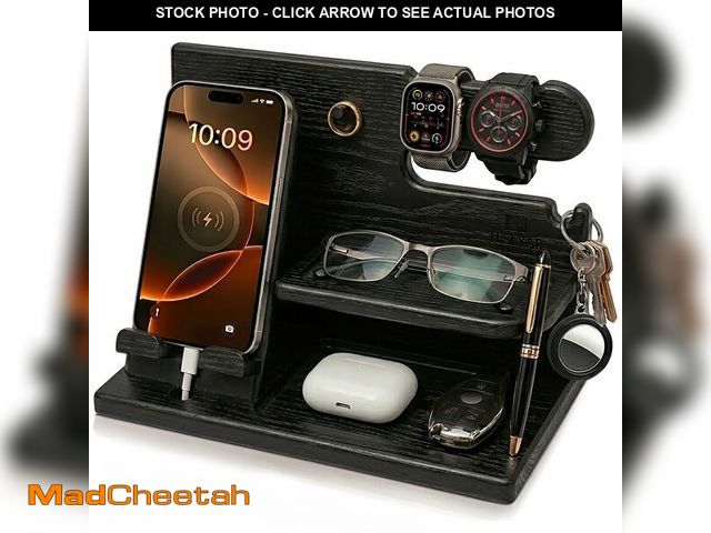 Lot 74-14385785 - TESLYAR Wood Phone Docking Station for Men - Desk or Nightstand Organizer - Birthday Gifts for Husba...