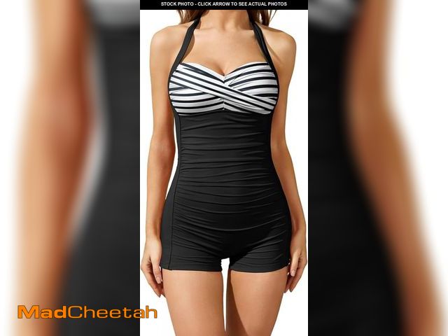 Lot 74-12125571 - Tempt Me Women Black Stripe Tummy Control One Piece Swimsuits with Shorts Boyleg Retro Bathing Suit ...