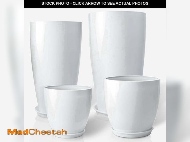 Lot 74-14354782 - FIASON 4 Pack White 24/21/12/10 Inch Tall Plastic Planters, Glossy Smooth Finish Large Flower Pots w...
