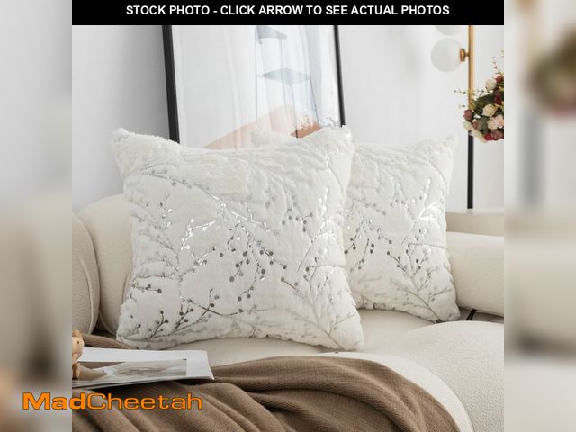 Lot 74-12604849 - LIGICKY Set of 2 Fluffy White Faux Fur Pillow Covers Silver Branches Glitter Throw Pillows Decorativ...