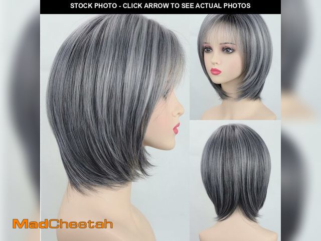 Lot 74-14212953 - RENERSHOW Ombre Grey Highlight Layered Short Bob Wig with Bangs for White Women Synthetic Salt and P...