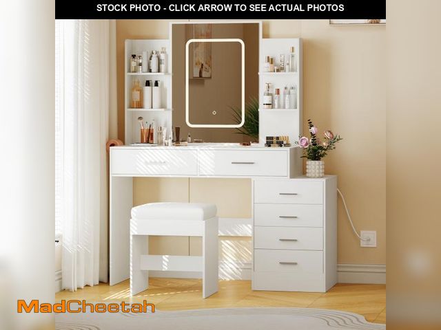 Lot 74-12243952 - Patikuin Makeup Vanity, Vanity Desk with Mirror and Lights, White Vanity with 6 Drawers and Shelves,...