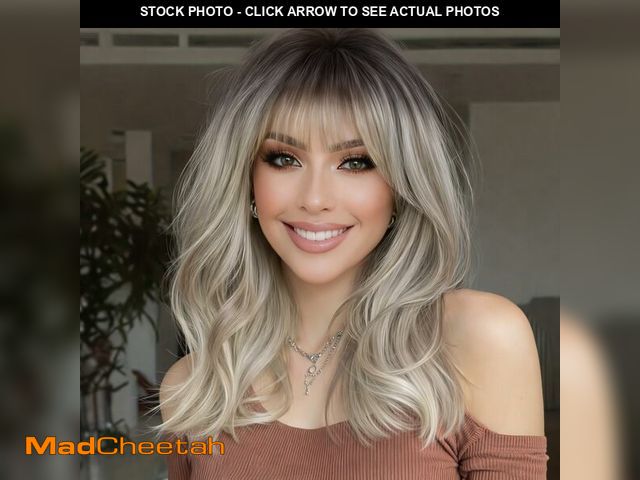 Lot 74-13721598 - XIXIBI Ombre Blonde Wigs for Women, Platinum Blonde Layered Curly Wavy Wig with Bangs, 4x4 Realistic...
