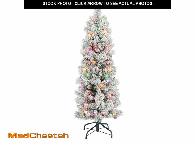 Lot 74-13053354 - 4.5 ft Flocked Portland Pine Pencil Tree with 195 tips 100 Multi-color Incandescent Lights - UNUSED