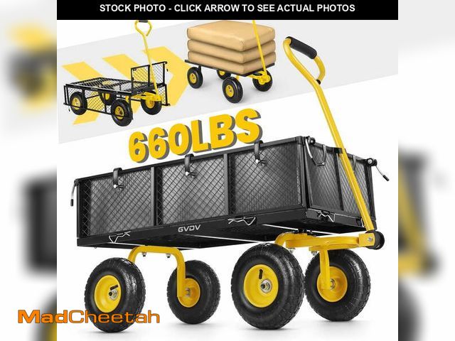 Lot 74-12891024 - GVDV Heavy Duty Steel Garden Cart with Liner, 660lbs Capacity, 3 Cu ft, 10" All-Terrain Wheels, Blac...