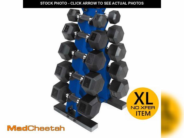 Lot 74-12786221 - CAP Barbell 150lb Comfort Grip Rubber Hex Dumbbell Set with Vertical Blue Rack - UNUSED