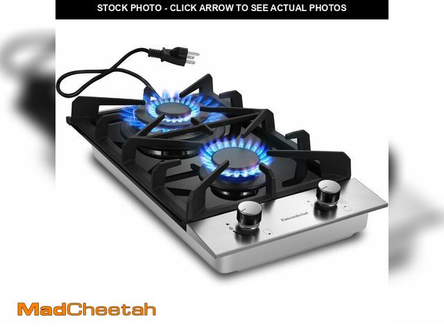 Lot 74-13709507 - Eascookchef 2 Burner Gas Cooktop, 12 inch LPG/NG Dual Fuel Built-in Gas Stove Top, Black Tempered Gl...