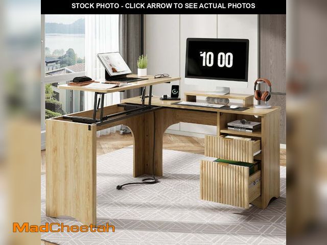 Lot 74-12647774 - Bestier 55" L-shaped Computer PC Desk Lift Top with Power Outlets Storage Drawers and Monitor Stand,...