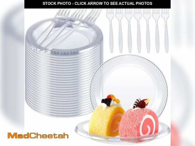 Lot 74-14209751 - Hushee 400 Pcs Clear Plastic Dessert Plates 6'' with Forks 7'' for Cake Appetizer, 200 Small Disposa...