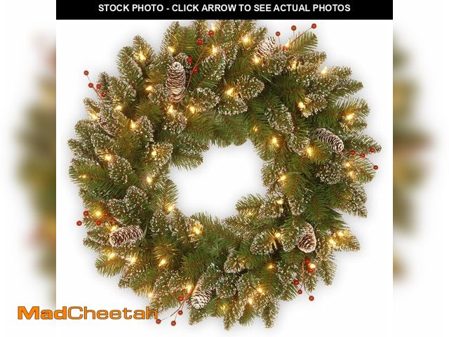 Lot 74-13041590 - National Tree Company Pre-Lit Artificial Christmas Wreath, Green, Glittery Mountain Spruce, White Li...