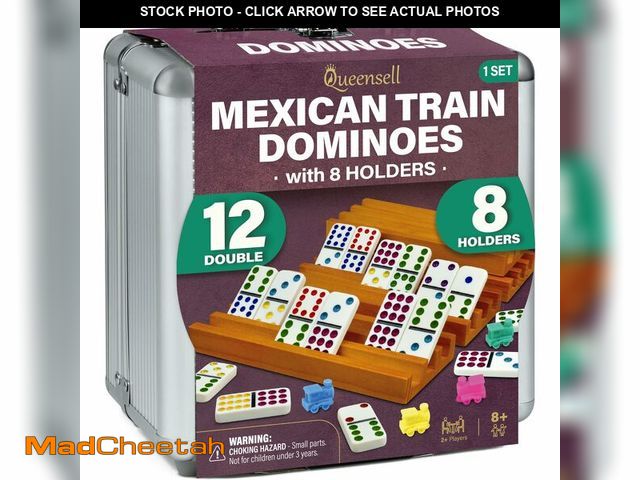Lot 74-14212807 - Queensell Mexican Train Dominoes Set with 8 Holders - Wooden Hub and Tiles Holders - Double 12 Tiles...