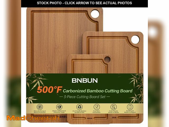 Lot 74-12710074 - BNBUN Bamboo Cutting Board for Kitchen, Wooden Cutting Board 3-Piece Set with Non-Slip Mat Deep Juic...
